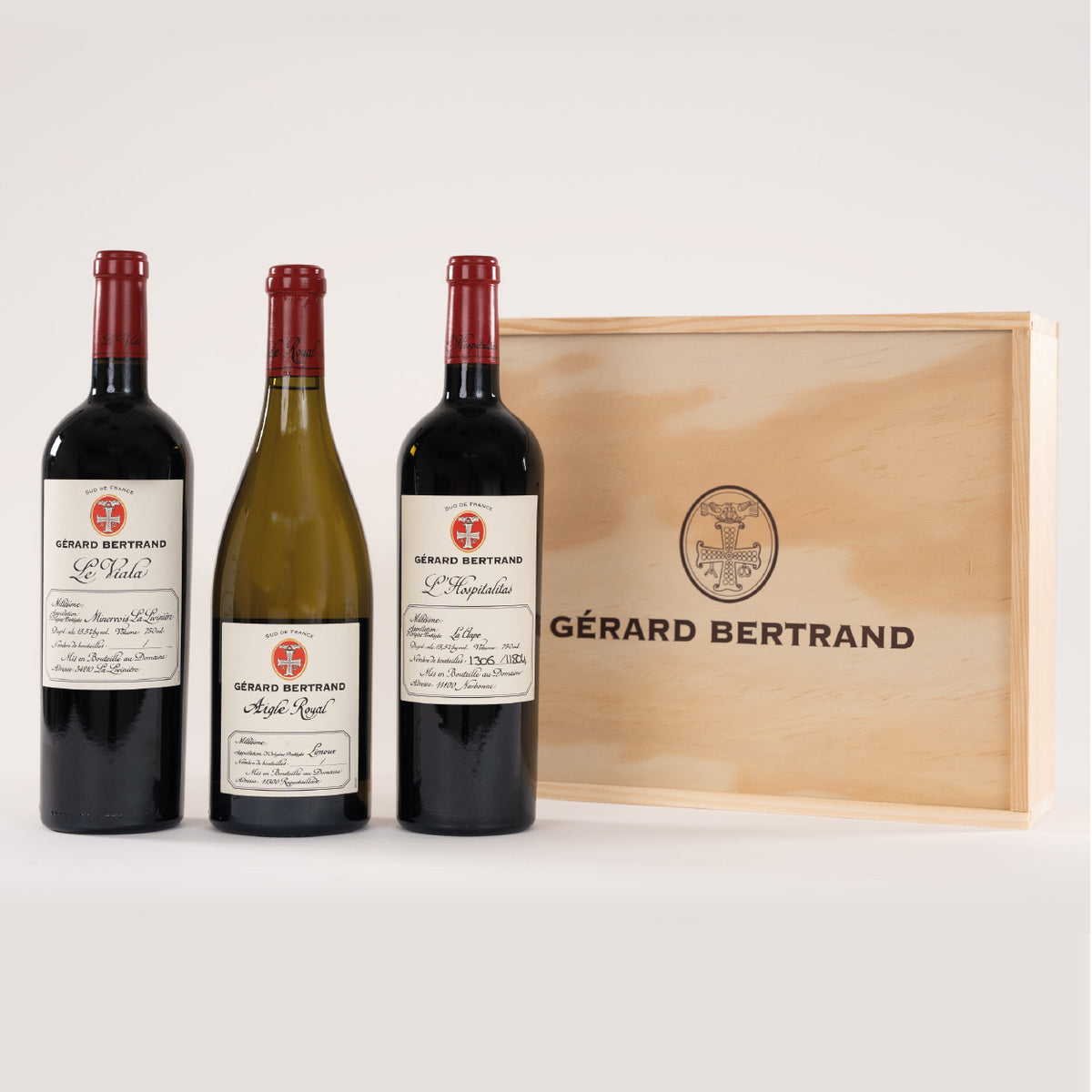 Geschenkdoos drie percelen - Aigle Royal Chardonnay, Le Viala en L'Hospitalitas - Gérard Bertrand