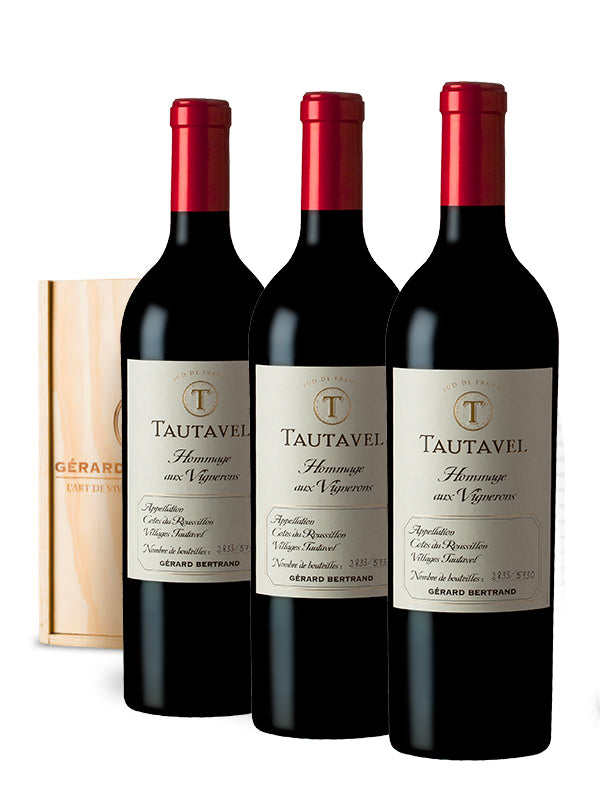 Tautavel Hommage aux vignerons 2022 - Houten kist 3 flessen - Gérard Bertrand