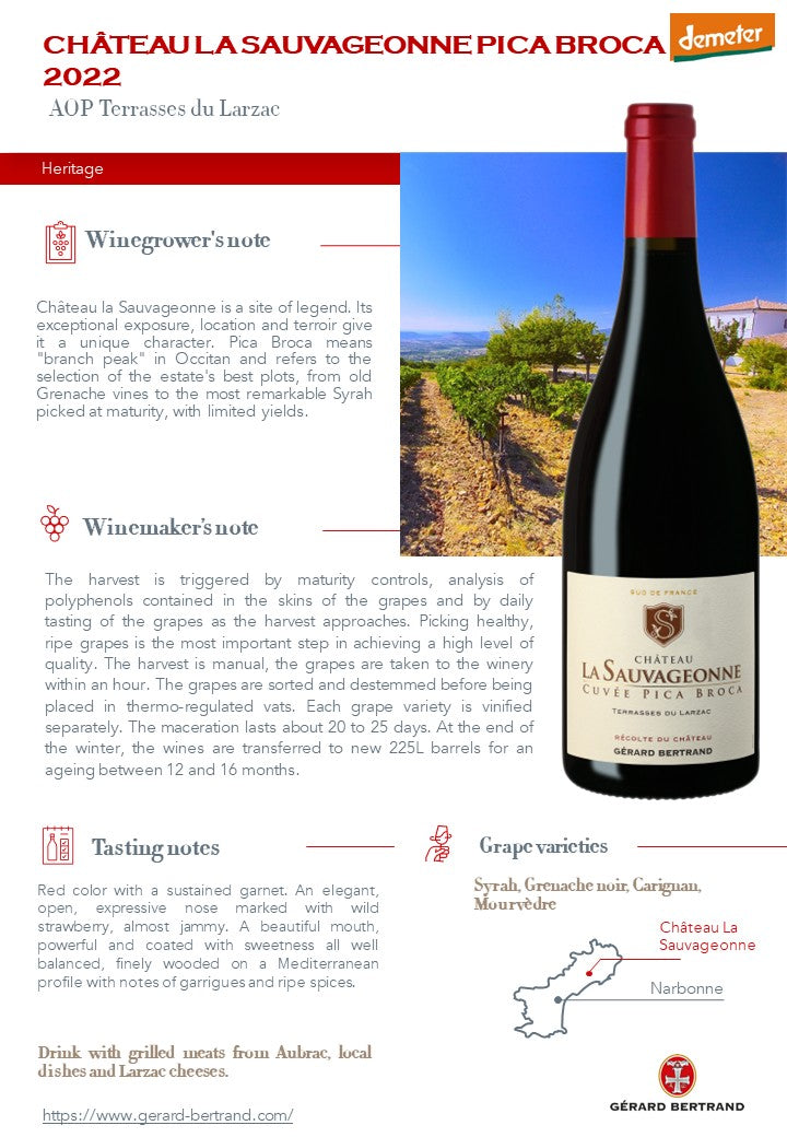 Château la Sauvageonne Pica Broca biodynamische rode wijn 2022 Lot 6 flessen 75cl - Gérard Bertrand 