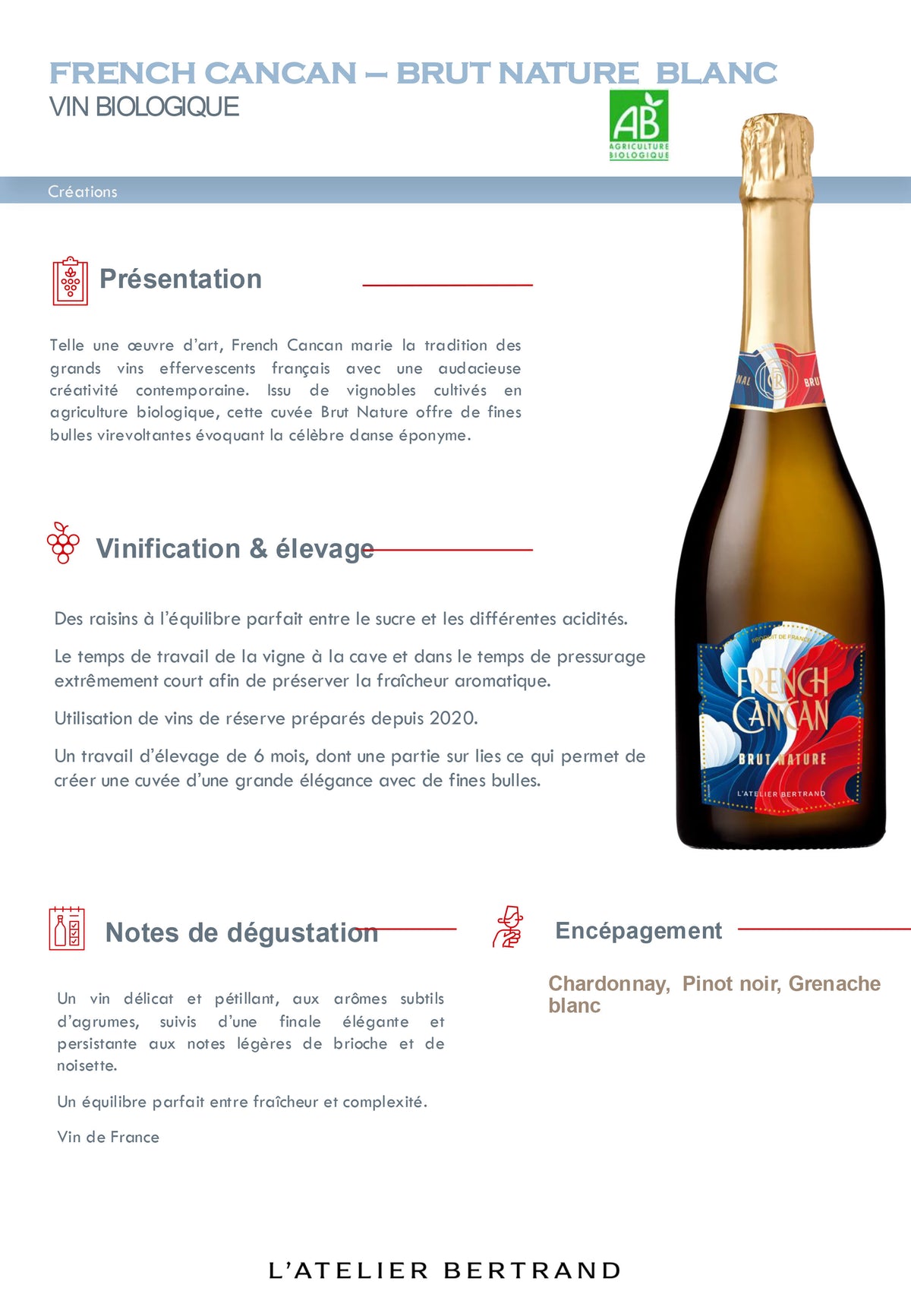 French Cancan Legendary Edition Brut Nature Bio Vin de France – Zonder jaargang – 75cl witte wijn