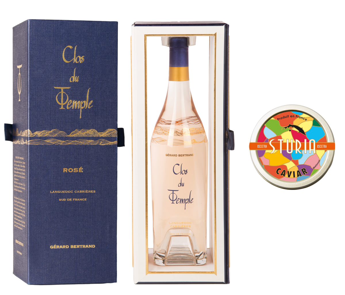 Prestigeaanbod: Clos du Temple 2022 in zijn étui en Osciètra-kaviaar 15g van Sturia - Gérard Bertrand 