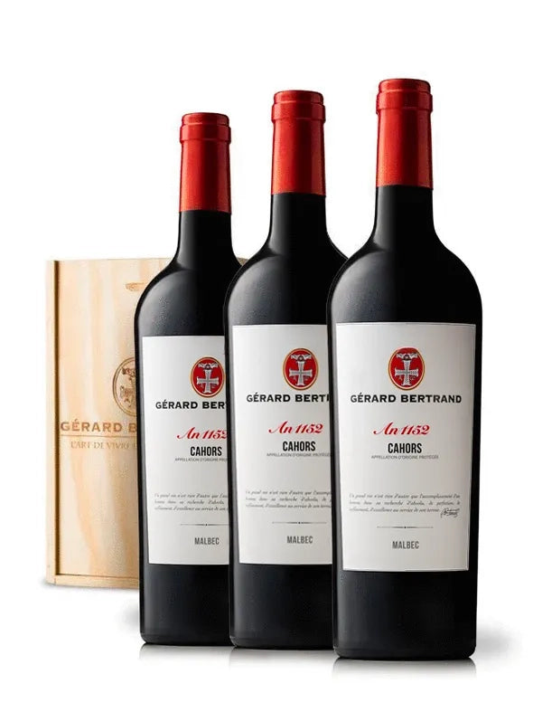 Héritage Cahors jaar "1152" 2021 - Houten geschenkkist 3 flessen - Gérard Bertrand 
