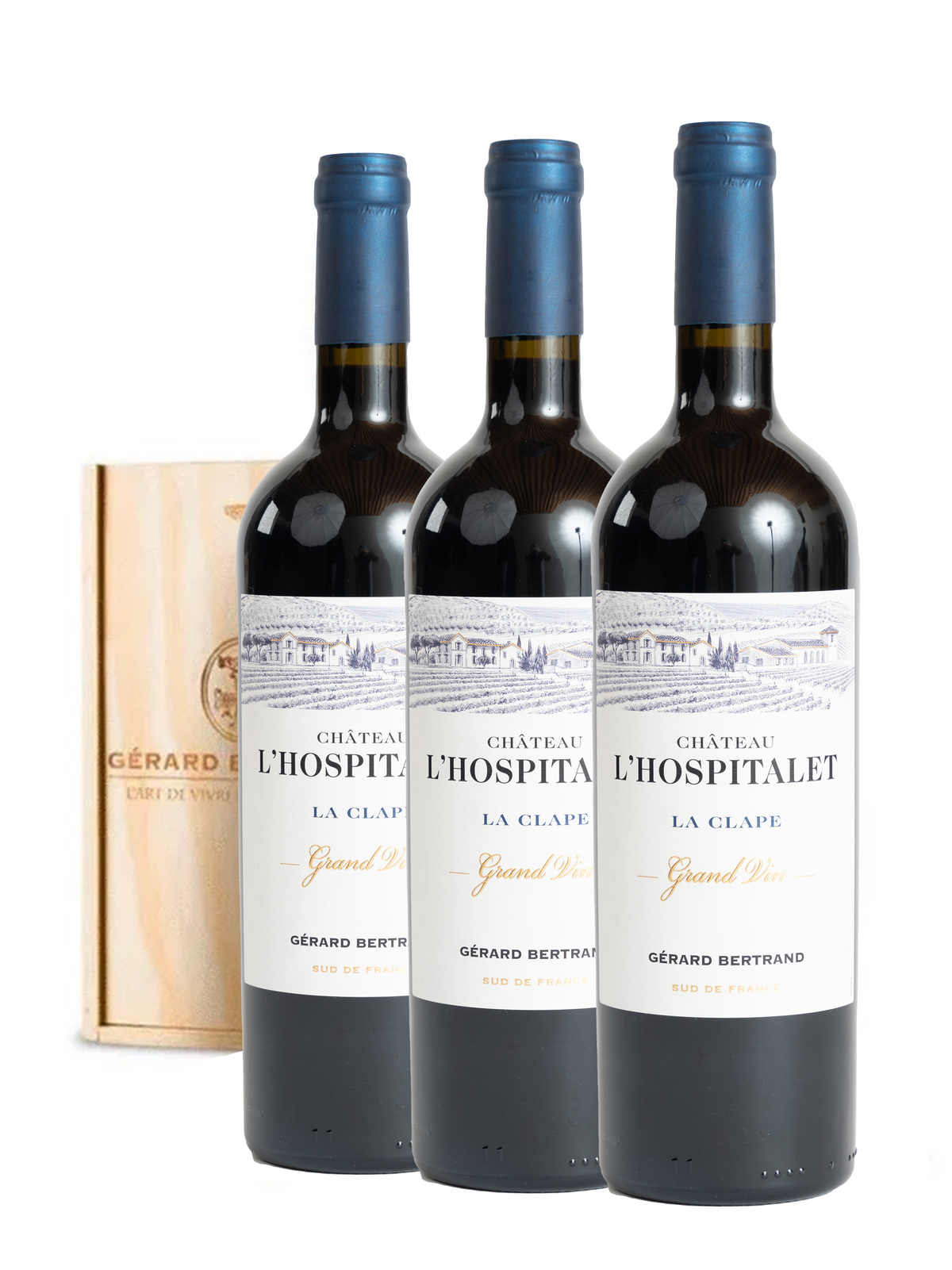 Château l'Hospitalet Grand Vin Rood 2017 lot 3x75cl met houten kist - Beste rode wijn ter wereld IWC 2019 - Gérard Bertrand