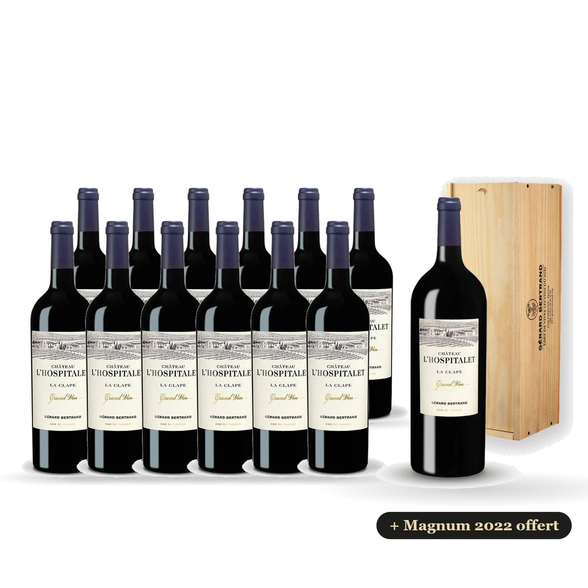 Set van 12 flessen Château l'Hospitalet Grand Vin rood 2023 met een gratis magnum uit 2022 in een houten geschenkdoos