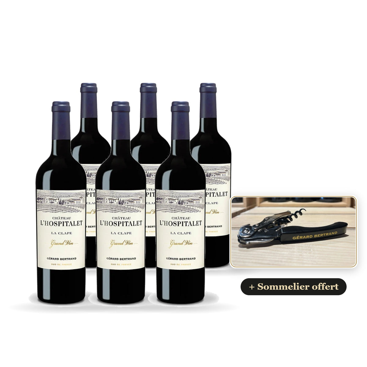 Set van 6 flessen Château l'Hospitalet Grand Vin rood 2023 met een gratis kelnersmes van Gérard Bertrand