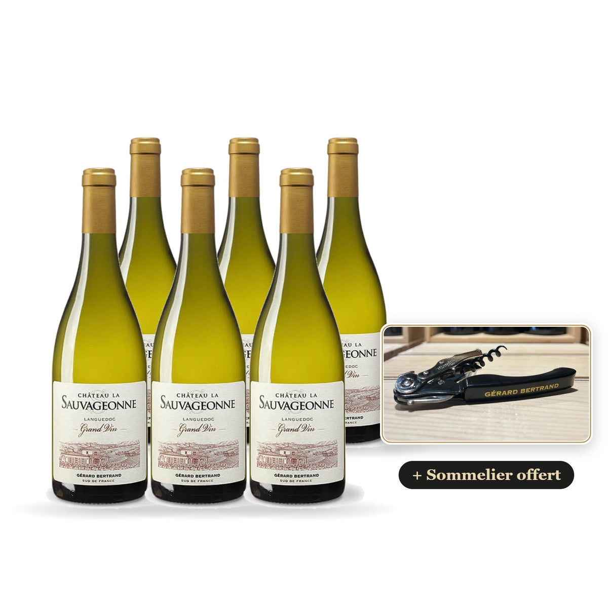 Set van 6 flessen Château La Sauvageonne Grand Vin wit 2024 met een gratis kelnersmes van Gérard Bertrand
