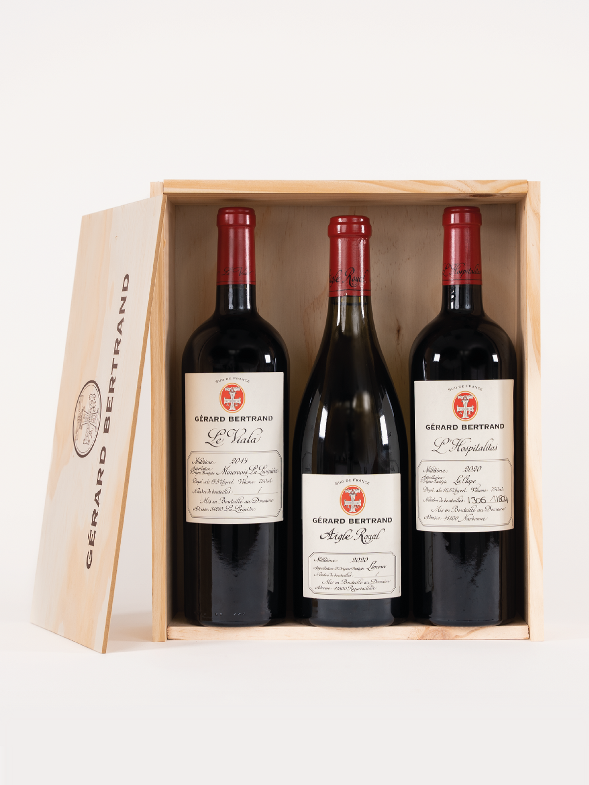 Geschenkdoos drie Parcellen - Aigle Royal Pinot Noir, Le Viala en L'Hospitalitas - Gérard Bertrand 