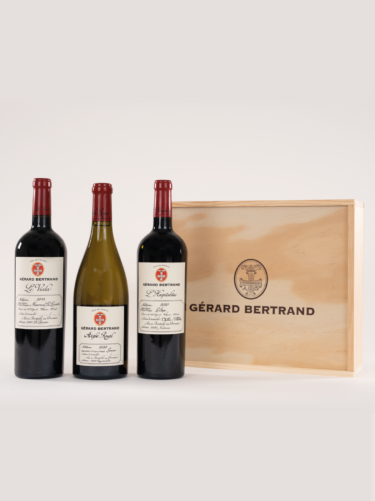 Geschenkdoos drie Parcellen - Aigle Royal Pinot Noir, Le Viala en L'Hospitalitas - Gérard Bertrand 